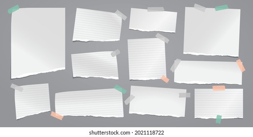 Set of torn white and colorful note, notebook paper stripes are on grey background for text, advertising or design. Vector illustration