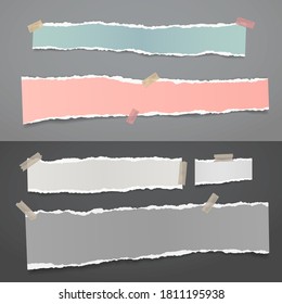 Set of torn of white, gray and colorful note, notebook paper strips and pieces stuck with sticky tape on black and gray backgrounds. Vector illustration