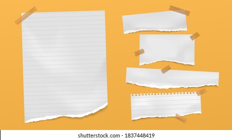 Set of torn of white, gray and colorful note, notebook paper strips and pieces stuck on black and gray background. Vector illustration
