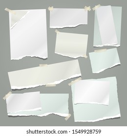 Set of torn white and green note, notebook paper strips and pieces stuck with sticky tape on grey background. Vector illustration