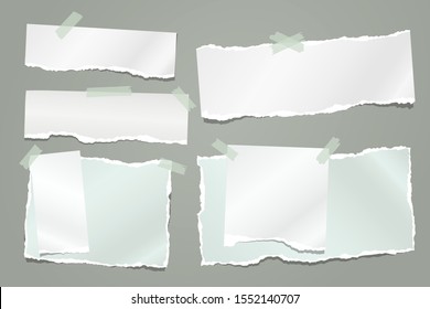 Set of torn white and green note, notebook paper strips and pieces stuck with sticky tape on grey background. Vector illustration