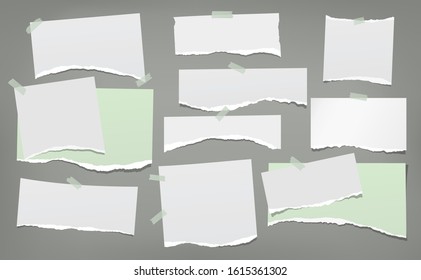 Set of torn white and green note, notebook paper strips and pieces stuck with sticky tape on dark grey background. Vector illustration