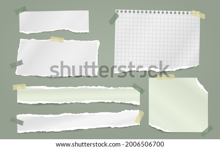 Set of torn white and green note, notebook paper stripes stuck with sticky tape on green background for text, advertising. Vector illustration