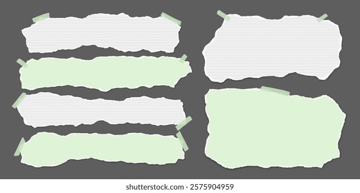 Set of torn white and green pieces of paper are on dark grey background for text, notes or ad.