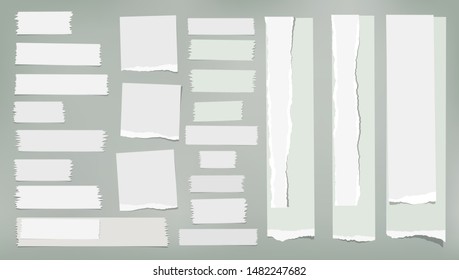 Set of torn white and light green note, notebook strips, paper pieces stuck on grey background. Vector illustration