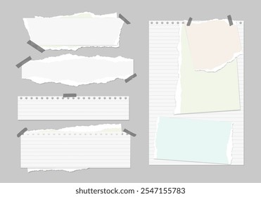 Set of torn white lined and colorful note paper, pieces with sticky tape are on grey background for text or ad. Vector illustration.