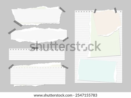 Set of torn white lined and colorful note paper, pieces with sticky tape are on grey background for text or ad. Vector illustration.