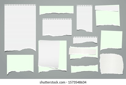 Set of torn white, lined and green note, notebook paper pieces, reminder tapes stuck on grey background. Vector illustration