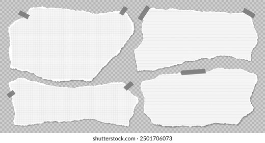 Set of torn white, lined, math paper pieces, strips are on grey background for text, notes or ad.