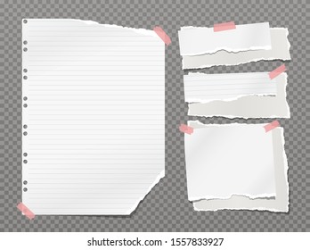 Set of torn white and lined note, notebook paper strips and pieces stuck with red sticky tape on dark squared background. Vector illustration