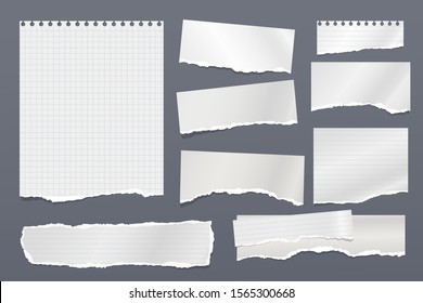 Set of torn white, lined note, notebook paper strips and pieces stuck with sticky tape on black background. Vector illustration