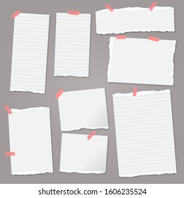 Set of torn white, lined note, notebook paper strips and pieces with soft shadow stuck with sticky tape on dark grey background. Vector illustration
