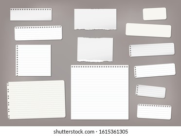 Set of torn white lined note, notebook paper strips and pieces stuck on dark brown background. Vector illustration