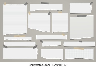 Set of torn white lined note, notebook paper strips and pieces stuck with sticky tape on grey background. Vector illustration