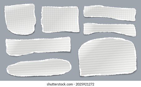 Set of torn white, lined note, notebook paper stripes are on light blue background for text, advertising or design. Vector illustration