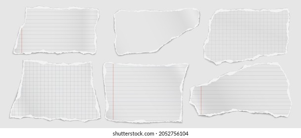 Conjunto de notas con línea blanca rota, las rayas de papel para cuaderno están sobre fondo blanco para texto, publicidad o diseño. Ilustración del vector