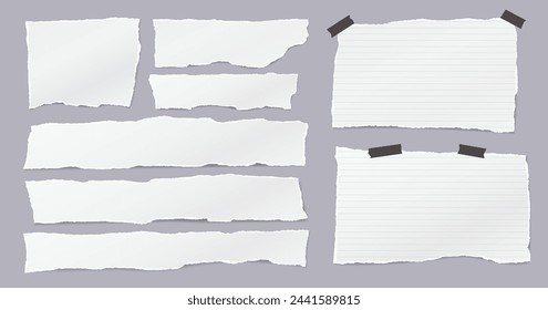 Set of torn white, lined note paper pieces are on light grey background for text or ad.