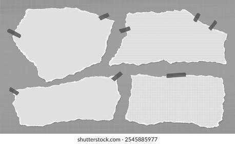 Set of torn white lined note paper, pieces with sticky tape are on dark grey transparent background for text or ad. Vector illustration.