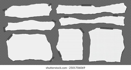 Set of torn white, lined paper pieces, strips are on dark grey background for text, notes or ad.