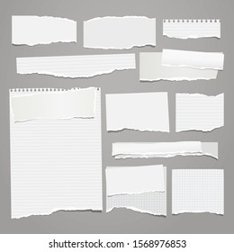 Set of torn white, lined and squared note, notebook paper pieces, reminder tapes stuck on grey background. Vector illustration