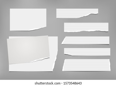 Set of torn white, lined and squared note, notebook paper pieces, reminder tapes stuck on grey background. Vector illustration