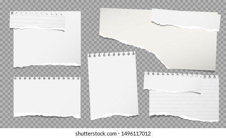 Set of torn white note, notebook paper pieces stuck on grey squared background. Vector illustration