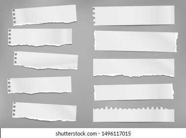 Set of torn white note, notebook paper strips and pieces with soft shadow stuck on grey background. Vector illustration