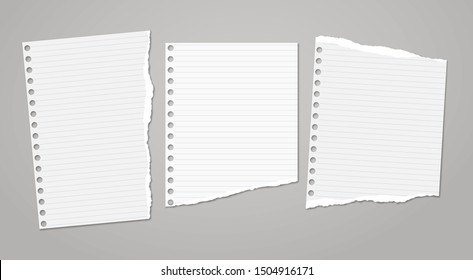 Set Of Torn White Note, Notebook Paper Pieces Stuck On Dark Grey Background. Vector Illustration