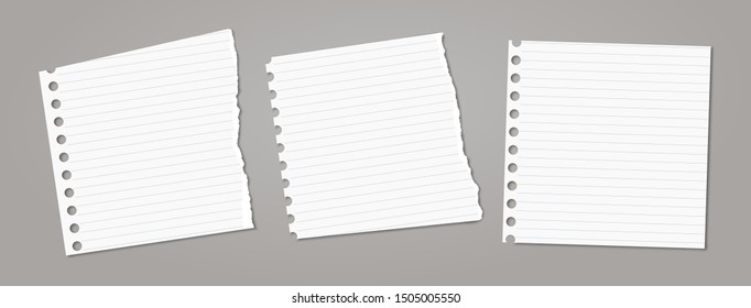 Set of torn white note, notebook paper pieces stuck on dark grey background. Vector illustration