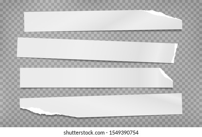 Set of torn white note, notebook paper pieces, reminder tapes stuck on grey squared background. Vector illustration