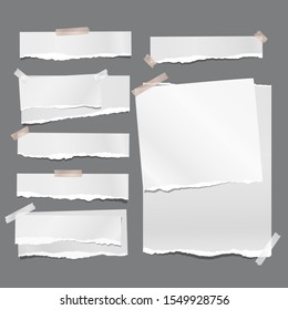 Set of torn white note, notebook paper strips and pieces stuck with sticky tape on dark grey background. Vector illustration