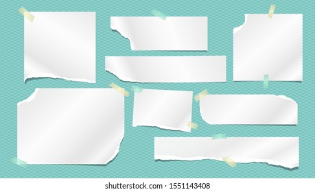 Set of torn white note, notebook paper strips and pieces stuck with sticky tape on turquoise background. Vector illustration
