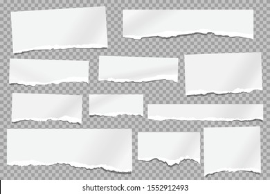 Set of torn white note, notebook paper pieces, reminder tapes stuck on grey squared background. Vector illustration