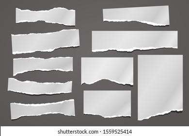 Set of torn white note, notebook paper pieces, reminder tapes stuck on dark background. Vector illustration