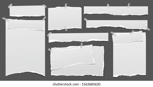 Set of torn white note, notebook paper strips and pieces stuck with sticky tape on black background. Vector illustration