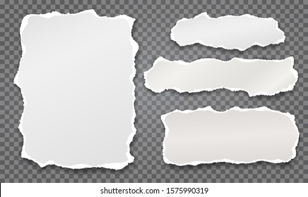Set of torn white note, notebook paper strips stuck on dark grey squared background. Vector illustration