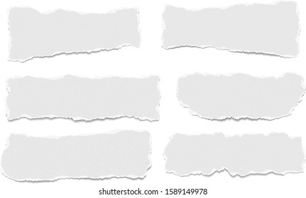 Set of torn white note, notebook paper pieces stuck on white background. Vector illustration