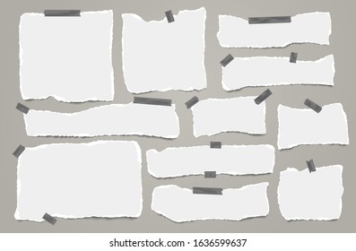 Set of torn white note, notebook paper strips and pieces stuck with sticky tape on grey background. Vector illustration