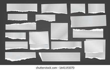 Set of torn white note, notebook paper strips and pieces stuck on black background. Vector illustration