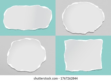 Set of torn white note, notebook paper strips and pieces stuck on grey, turquoise backgrounds. Vector illustration