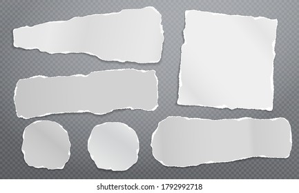 Set of torn white note, notebook blank paper pieces stuck on dark grey squared background. Vector illustration