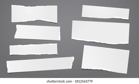 Set of torn white note, notebook paper pieces stuck on dark grey background. Vector illustration