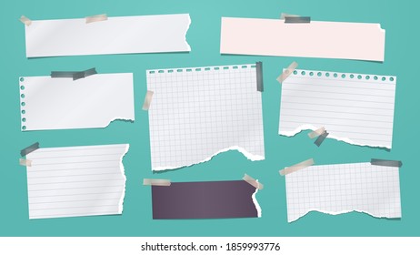 Set of torn white note, notebook paper pieces stuck with sticky tape on turquoise background. Vector illustration