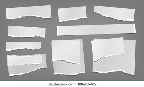 Set of torn white note, notebook paper pieces stuck on dark grey background. Vector illustration