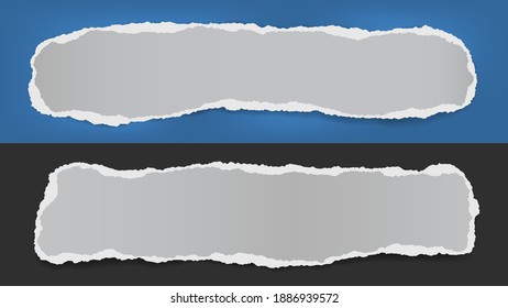 Set of torn white note, notebook paper pieces are on black and blue background. Vector illustration