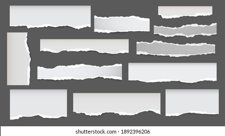 Set of torn white note, notebook paper pieces stuck on dark grey background. Vector illustration