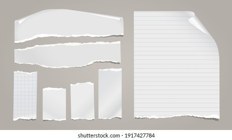 Set of torn white note, notebook paper pieces with folded corners stuck on light grey background. Vector illustration