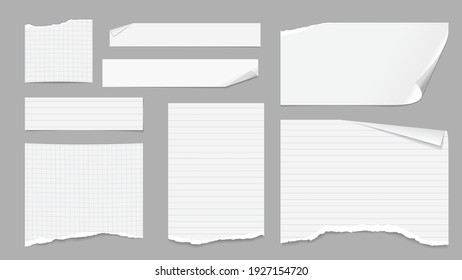 Conjunto de notas rotas blancas, piezas de papel portátil con esquinas plegadas pegadas en fondo gris claro. Ilustración del vector