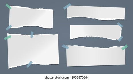 Set of torn white note, notebook paper pieces stuck on dark blue background. Vector illustration