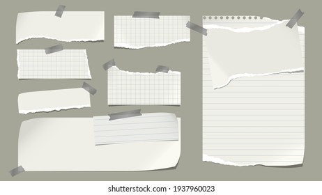 Set of torn white note, notebook paper pieces stuck on green background. Vector illustration